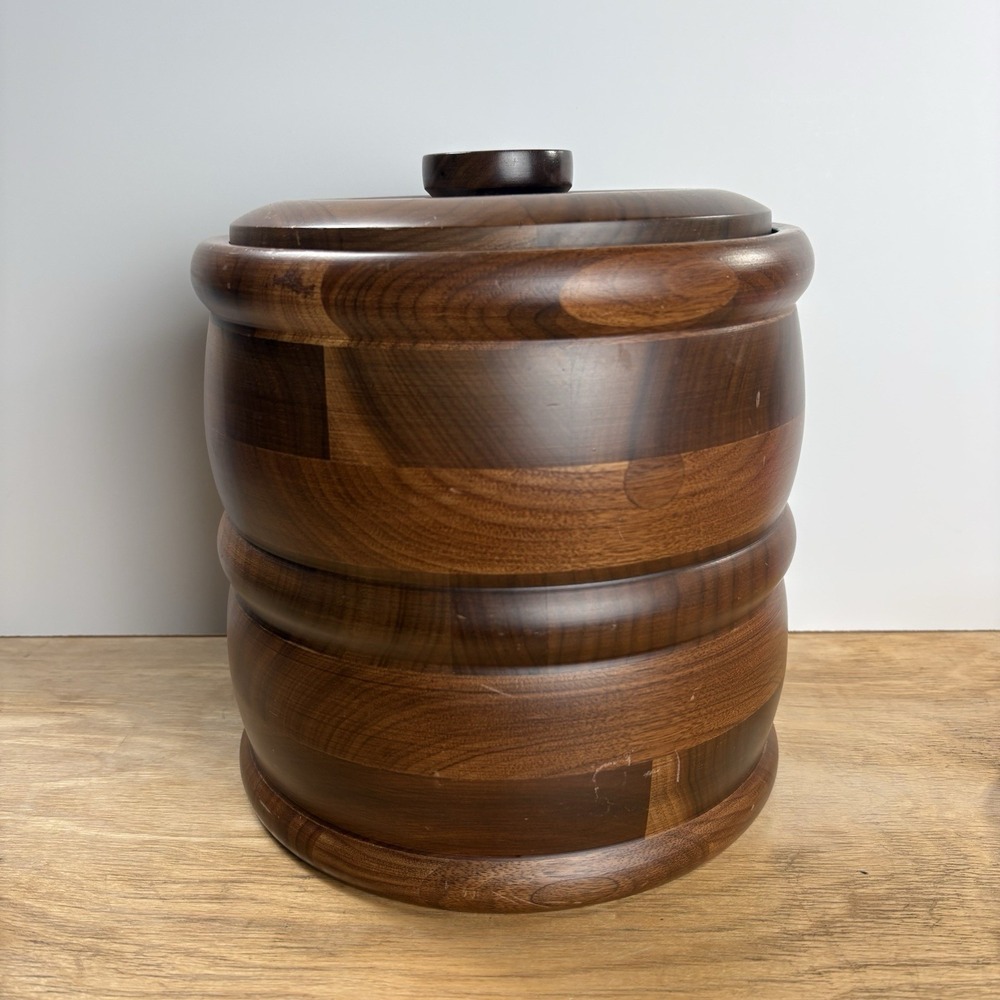 Vintage MCM Kustom Kraft Black Walnut Ice Bucket Solid Wood Mid-Century Retro